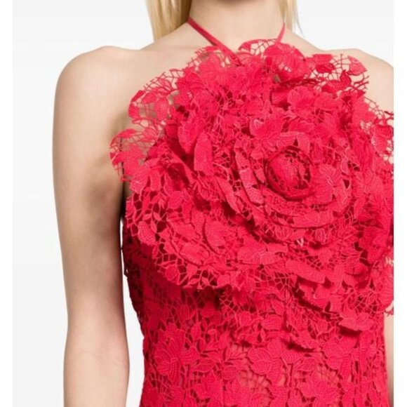 NEW OSCAR DE LA RENTA Women's Floral-Appliqué Lace Minidress in Red, Size 0 - Picture 6 of 9